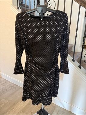 ECI Stunning Black & gold Polka Dot metallic-look side Tie Long Sleeve Dress